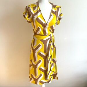 SOLD: 70s Diane von Furstenberg Silk Wrap Dress, Geometric Yellow Brown Small